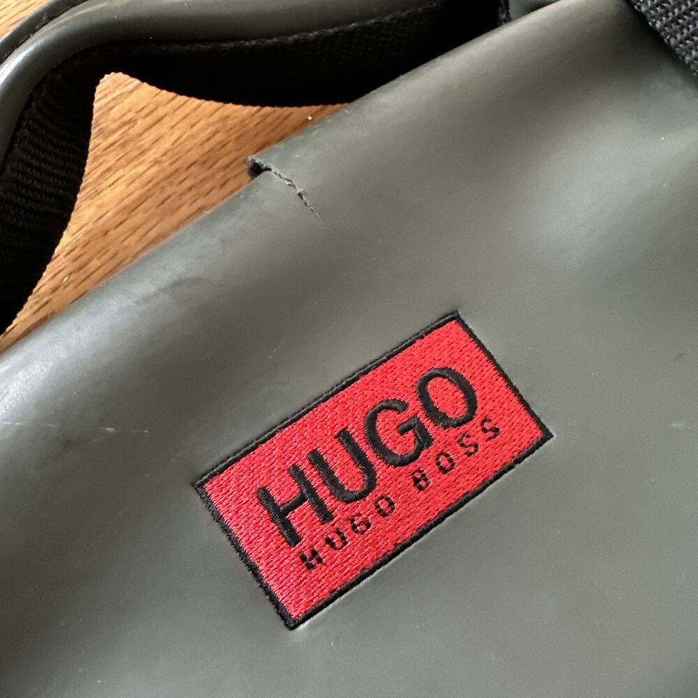 Hugo Boss Travel Bag Backpack laptop rubber vinyl material damaged Olive Green